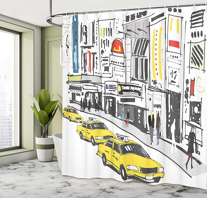 Ambesonne Modern Shower Curtain, Times Square New York with People in Street Taxi Cabs Traffic Fashion Illustration, Cloth Fabric Bathroom Decor Set with Hooks, 69" W x 84" L, Charcoal Yellow