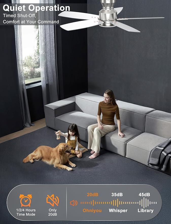 Ohniyou Ceiling Fans with Lights, 42'' Low Profile Ceiling Fan with Light and Remote/APP Control, Modern Flush Mount Ceiling Fan for Indoor Bedroom Kitchen, Dimmable, Quiet DC Motor, Silver