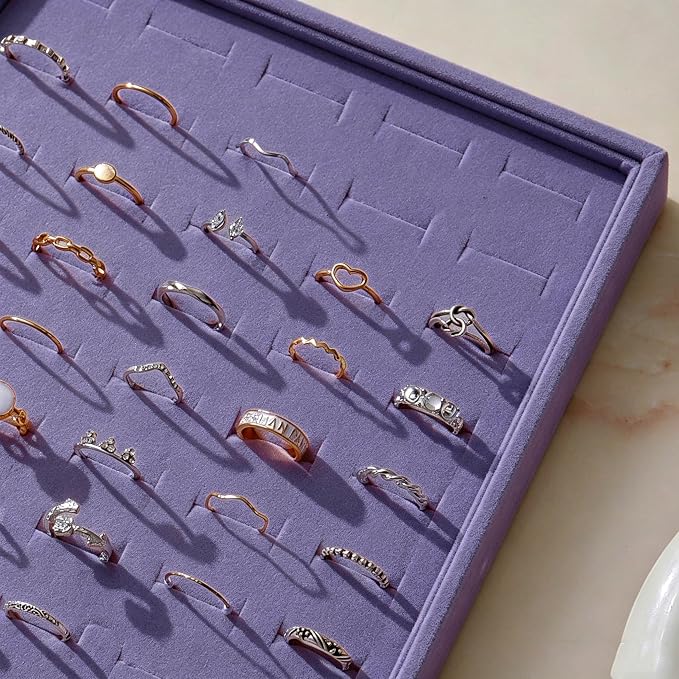 Large Velvet Jewelry Tray 2 Pack Stackable Jewelry Display Drawer Inserts Trays Organizer for Earring Bracelet Necklace Ring (Purple, Ring 81 Slots)