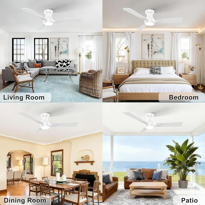 OPONL Ceiling Fan with Light, 42 inch Low Profile Ceiling fan with Light and Remote Control, Reversible, 6CCT, Dimmable, Noiseless, White Ceiling Fan for Bedroom, Indoor/Outdoor Use, Modern