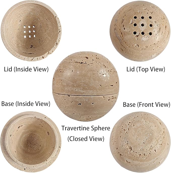 Natural Stone Sphere Incense Holder: 4" D Hand-Carved Aromatherapy Burner for Yoga, Meditation & Relaxation, Elegant Multi-Hole Design, Beige Travertine
