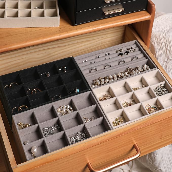 Frebeauty Jewelry Trays for Drawer,Set of 6 Jewelry Organizer and Storage | Velvet Material,Earring Holder Organizer,Stackable Jewelry Display for Vanity,Drawer Inserts for Rings,Studs,8.3×4.9 inch