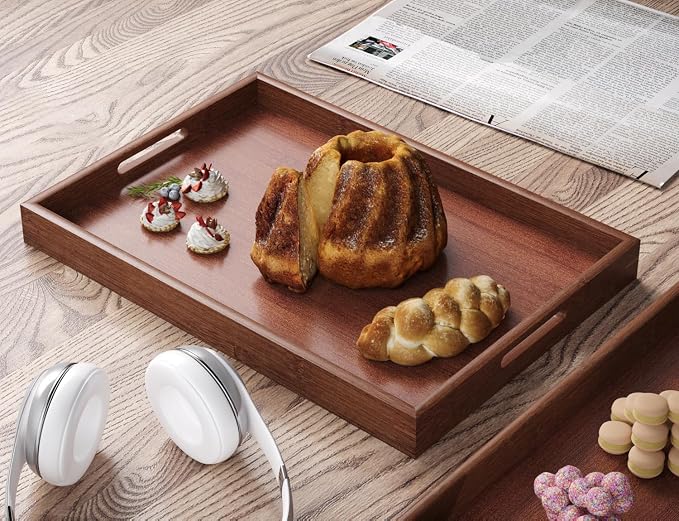 Fibogollo Bamboo Set of 2 Serving Tray with Handles,Decorative Trays Platter,Breakfast Tray in Bed,Food Drinks Tray for Eating,Working,Storing(Brown)