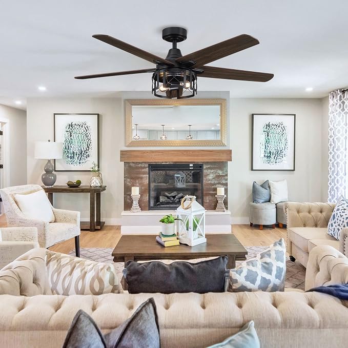 52 Inch Farmhouse Ceiling Fans with Lights, Rustic Cage Ceiling Fan with Remote, 3-Speed Reversible Motor, Outdoor Ceiling Fan for Living Room, Bedroom, Patio