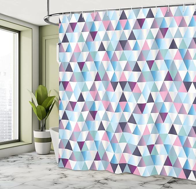 Ambesonne Geometric Shower Curtain, Diamond Shapes Triangle Abstract Pattern Geomatic Fashion Print, Cloth Fabric Bathroom Decor Set with Hooks, 69" W x 75" L, Pink Blue