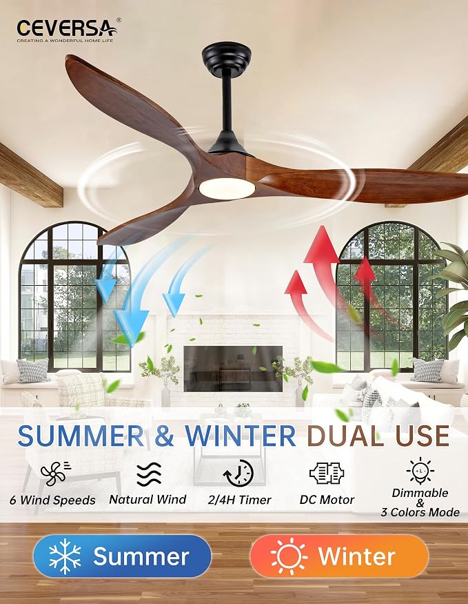 60 Inch Outdoor Ceiling Fans with Lights and Remote,3 Blade Modern Solid Wood Ceiling Fan with Wall Control Switch,Dimmable,Quiet Noiseless DC Motor for Patios,Farmhouse, Living Room,Bedroom