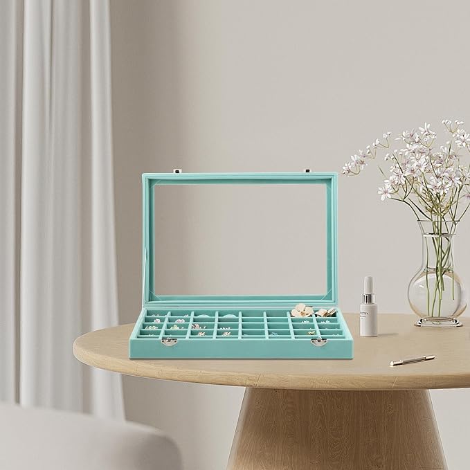 Frebeauty 40 Grid Earring Organizer,Velvet Jewelry Tray with Clear Lid | Drawer Jewelry Organizer for Rings Studs Beads,Adjustable Dividers,Dustproof,Earring Storage,Trinket Box,13.8×9.5Inches