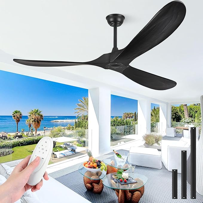 Haipeel 60 Inch Outdoor Ceiling Fans Without Lights, Wood Ceiling Fan no Light with Remote Control, Modern Black Outdoor Ceiling Fans no Lights 3 Blade Propeller for Patios Farmhouse ETL, Matte Black