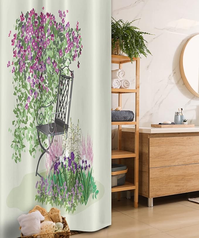 Ambesonne Garden Stall Shower Curtain, Island for Relaxing in The Garden Among The Flowers Blooming Summer Day Art, Fabric Bathroom Decor Set with Hooks, 36" W x 72" L, Purple Green