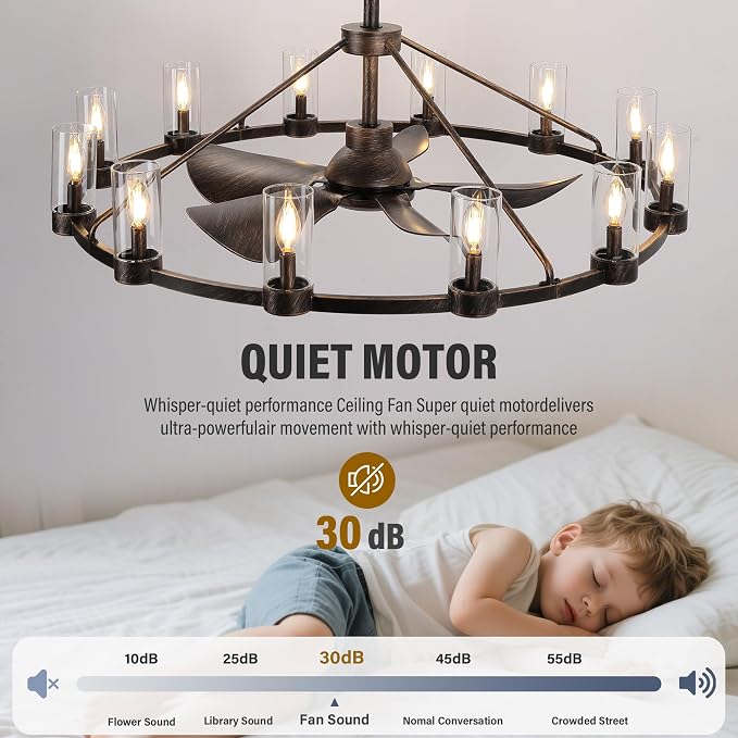 44" Wagon Wheel Chandelier Ceiling Fans with Lights and Remote with APP, 12-Lights Farmhouse Fandelier Fans with Glass Shade, Antique Bronze Lighting Fixture for Dining Living Room, Kitchen Island