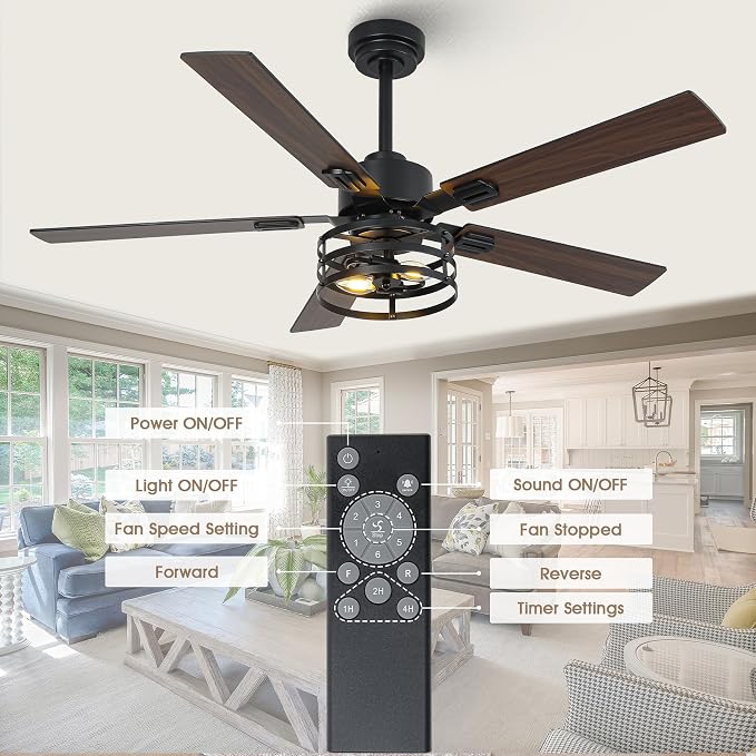 52" Farmhouse Ceiling Fan with Light and Remote, Ceilings Fan Dual Finish 5 Blades 6-Speed Quiet and Reversible DC Motor, Rustic Ceiling Fans with Light for Bedroom Living Room and Kitchen
