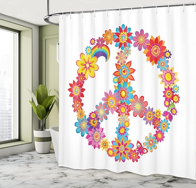 Ambesonne 1960s Shower Curtain, Colorful Peace Flower Nature Youthful Flourishes Happiness Hippie Art, Cloth Fabric Bathroom Decor Set with Hooks, 69" W x 84" L, Blue Red