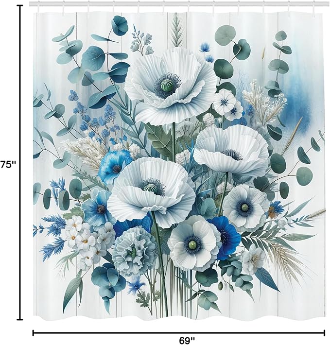Ambesonne Blue Shower Curtain, Blooming Poppies with Dramatic Eucalyptus Leaves Botanical Style Print, Cloth Fabric Bathroom Decor Set with Hooks, 69" W x 75" L, Cadet Blue Laurel Green