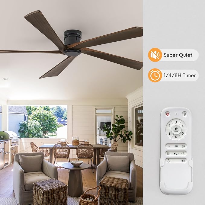 EKIZNSN 84 Inch Low Profile Flush Mount Outdoor Ceiling Fan without Light for Patios, 5 Walnut Wood Blades, 6-Gear Speed, 110V Noiseless DC Motor (Black Finish with Walnut Blades)