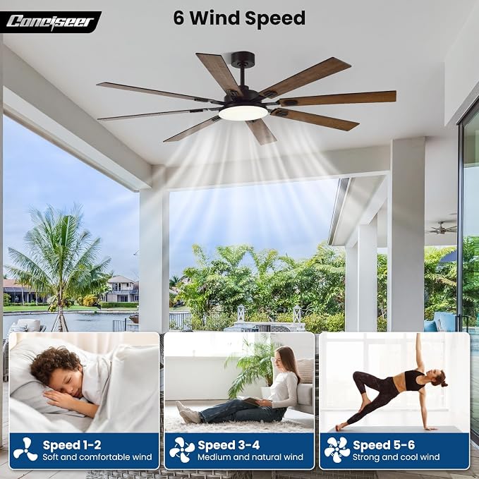 72 Inch Ceiling Fans with Lights and Remote, Dual Color 8 Blades, Bedroom Living Room Office Library Cafe Outdoor Industrial, 3CCT Dimmable, 6 Speed Reversible Quiet DC Motor, Brown/Wood Grain