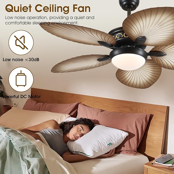 Wiviniya 52 Inch Tropical Ceiling Fans with Lights, Palm Leaf Outdoor Ceiling Fan with Light for Patios Porch Bedroom, Remote/APP Control, Reversible Quiet DC Motor, Dimmable LED, Wood Grain
