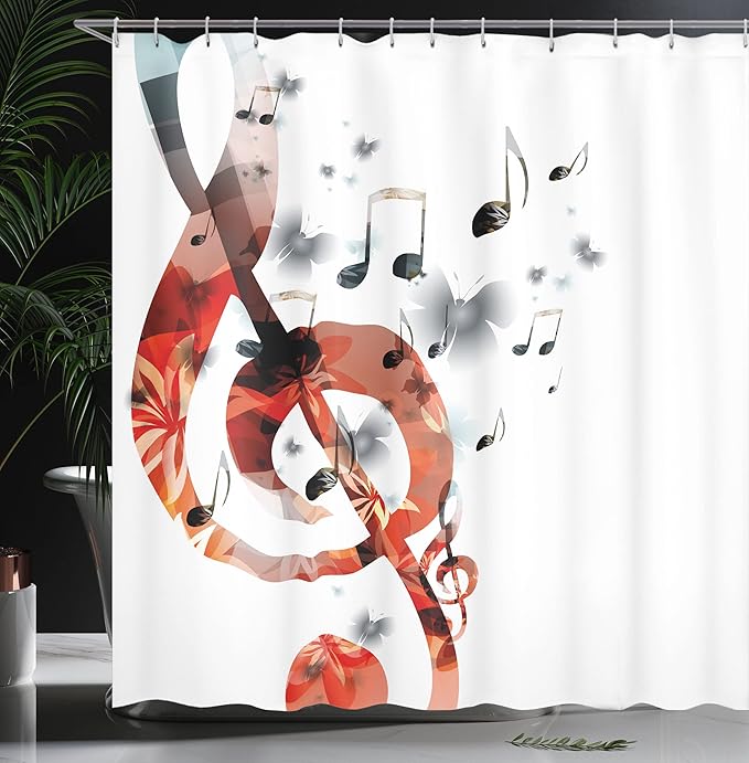Ambesonne Music Shower Curtain, G-Clef Key Instrument Creative Rhythmic Ornate Motifs Digital Design Print, Cloth Fabric Bathroom Decor Set with Hooks, 69" W x 70" L, Pale Rust