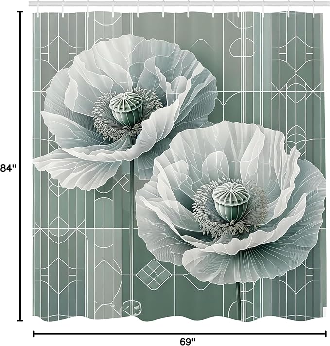 Ambesonne Green Shower Curtain, Futuristic Design of Poppy Flowers with Dreamy Petals and Scandi Lines, Cloth Fabric Bathroom Decor Set with Hooks, 69" W x 84" L, Blue Grey Dark Cadet Blue