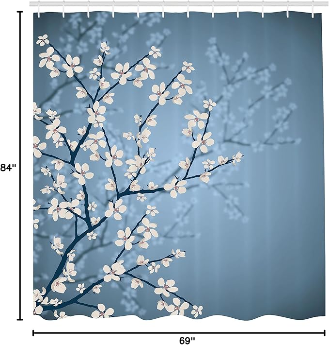 Ambesonne Japanese Shower Curtain, Spring Season Sakura Bloom Design Romantic Cherry Blossom on Blurry Branches, Cloth Fabric Bathroom Decor Set with Hooks, 69" W x 84" L, Blue Grey Ivory