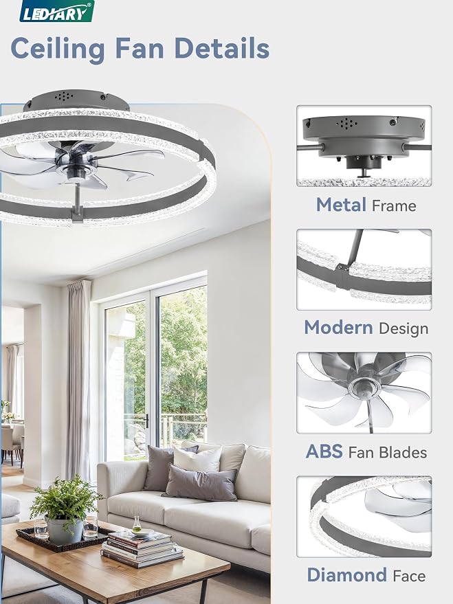 LEDIARY Ceiling Fans with Lights and Remote, 20'' Low Profile Ceiling Fan with Light, 3000-6000K Dimmable Fandelier Ceiling Fans, Modern Flush Mount Fan Light for Bedroom with 6 Wind Speeds-Sandy Gray