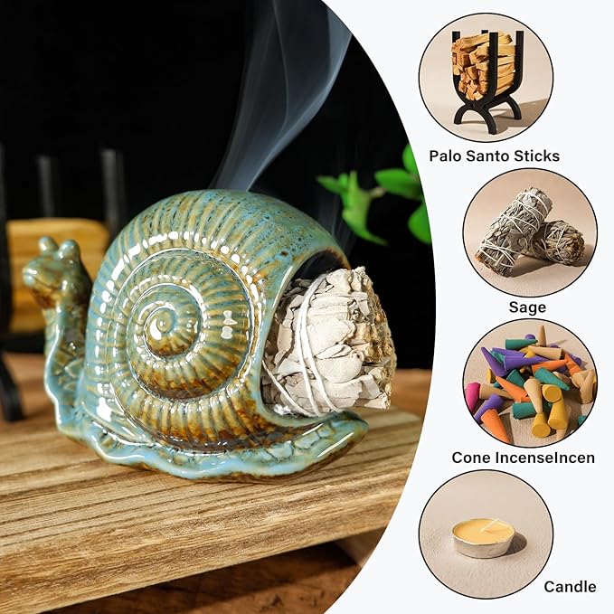 MOUGIGI Blue Ceramic Snail Palo Santo Holder – Elegant Chiminea for Sage, Incense Cones, and Candles – Ideal for Meditation, Yoga, Altar & Home Decor – Easy to Clean for an Enhanced Zen Experience