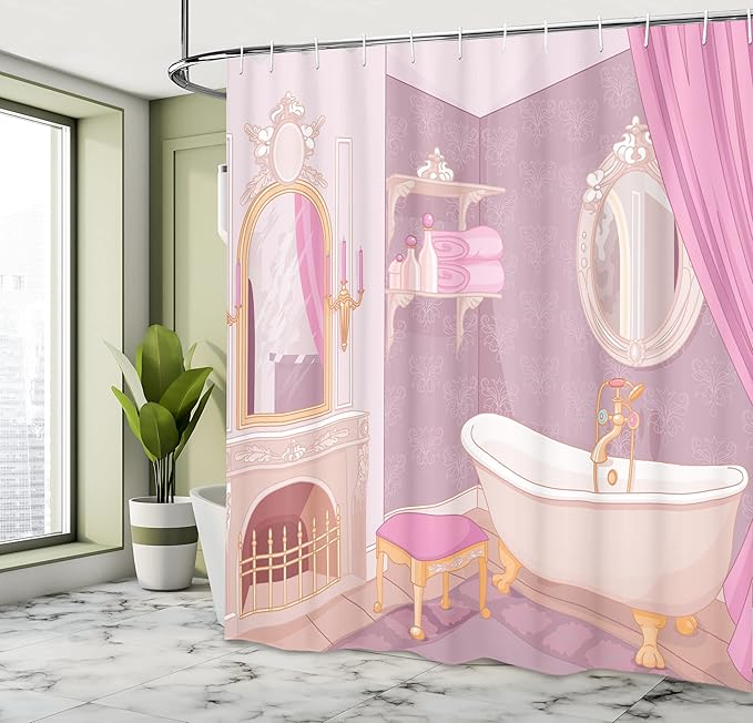 Ambesonne Feminine Shower Curtain, Design in The Palace of The Cartoon Bathtub Cabinet Mirror Washroom, Cloth Fabric Bathroom Decor Set with Hooks, 69" W x 75" L, Beige Pink