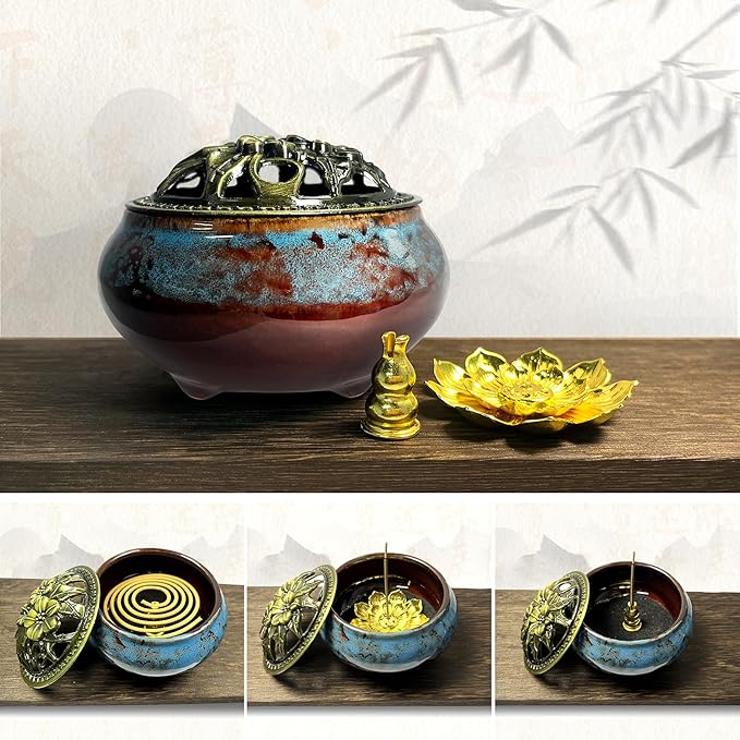 Ceramic Incense Burner, Bowl Burner,Cone Incense Burner with Brass lid for use with Stick or Cone-Shaped Incense，Lotus Incense Stick Holder Calabash Incense Stick Holder, 3pc (Fambe Blue)