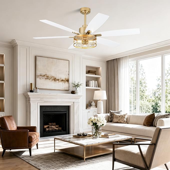 Dawn Whisper 60 Inch Ceiling Fans with Lights White and Gold Farmhouse Ceiling Fan for Bedroom Living Room Quiet and Reversible DC Motor Caged Chandelier Fan
