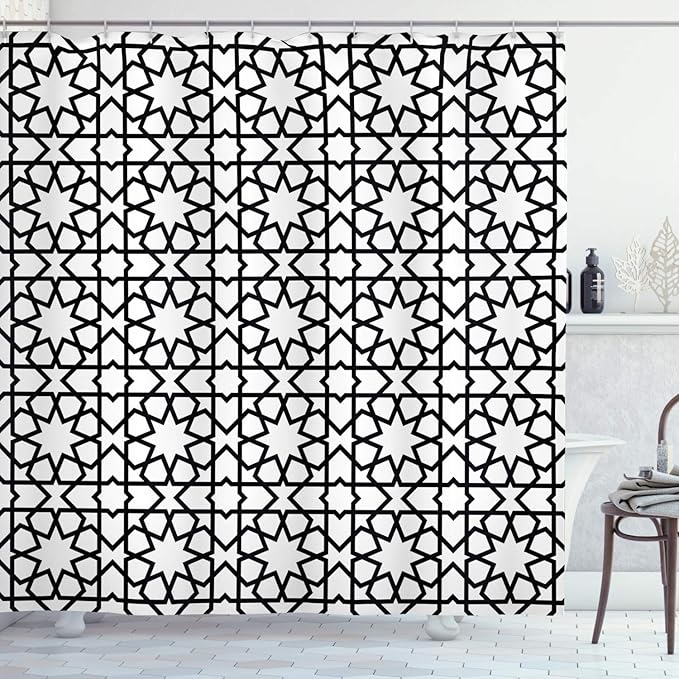 Ambesonne Moroccan Shower Curtain, Moroccan Style Mosaic Ornament with Geometric Patterns Classic Print, Cloth Fabric Bathroom Decor Set with Hooks, 69" W x 70" L, Black White