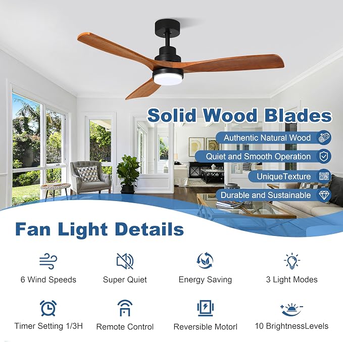 52inch Ceiling Fan with Light and Remote for Outdoor/Indoor Use, Patios, Bedrooms, Living Rooms, Kitchens, 6 Speeds,3CCT Switchable,with 3 Solid Wood Blades and Modern, Noiseless, Reversible Function