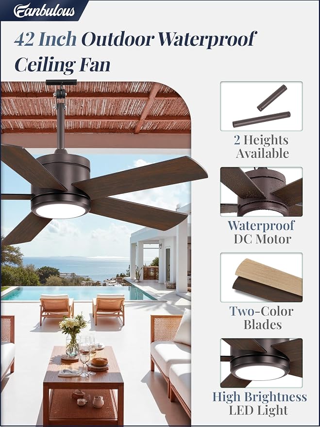 Fanbulous 42" Outdoor Ceiling Fan with Light and Remote, IP65 Waterproof, Plug-in Design with 10FT Cord, 6-Speeds, 3CCT, Hook Hanging Fan for Gazebo Patio Porch Garage Canopy(Oil Bronze)