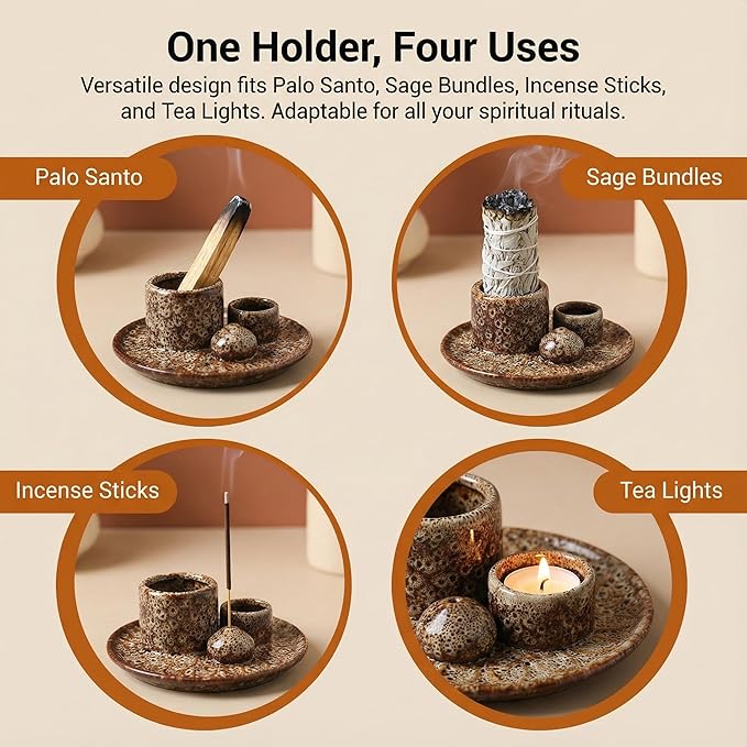 Palo Santo Sticks Holder, Multi-Purpose Handmade Ceramic Incense Burner for Palo Santo Incense Sticks, Sage Holder for Burning, Ash Catcher Tray for Meditation Yoga Room-Brown White
