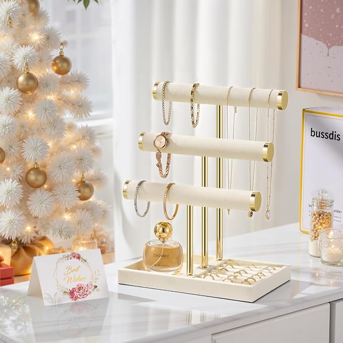 Jewelry Organizer Stand Display, 3 Tier Velvet Bracelet Holder, Beige | Jewelry Organizers and Storage | Jewelry Tree | Jewelry Towers for Necklaces, Bracelets, Earrings, Rings