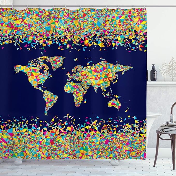Ambesonne Map Print Shower Curtain, World Map Design with Mosaics Print Global Scene Atlas Colorful Art, Cloth Fabric Bathroom Decor Set with Hooks, 69" W x 84" L, Dark Blue Yellow Blue