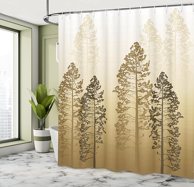Ambesonne Country Shower Curtain, Pine Trees in The Forest on Foggy Seem Ombre Backdrop Wildlife Adventure Artwork, Cloth Fabric Bathroom Decor Set with Hooks, 69" W x 70" L, Brown Sand