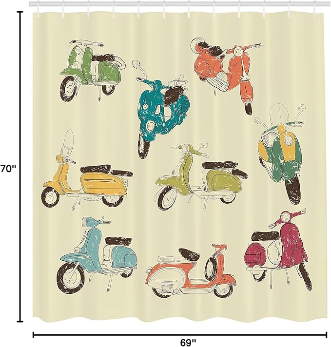 Ambesonne 1960s Shower Curtain, Scooters Romantic Aged History Motorcycle Trip Street Town Power Retro Illustration, Cloth Fabric Bathroom Decor Set with Hooks, 69" W x 70" L, Cream Orange
