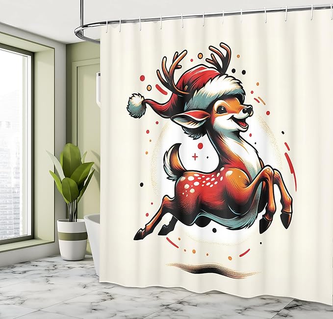 Ambesonne Christmas Shower Curtain, Happy Santa Deer in Retro Style Vintage Xmas Animal Character, Cloth Fabric Bathroom Decor Set with Hooks, 69" W x 84" L, Orange Vermilion and Ivory