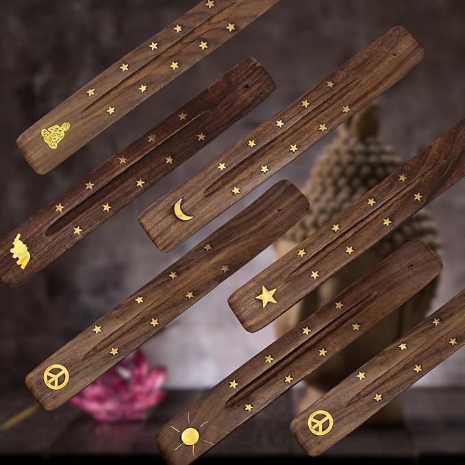 Vrinda® Handmade Wooden Incense Stick Holder with Assorted Inlaid Design –Incense Stick Burner - Ideal for Aromatherapy, Meditation - Ornamental piece for Home, Office Decor 10"(Pack of 12)