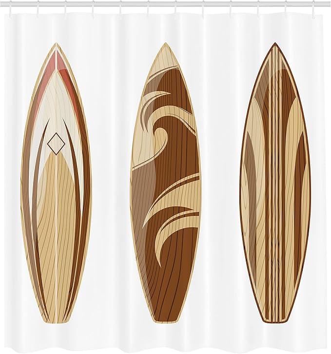 Ambesonne Surfboard Shower Curtain, Surfing Themed Adventurous Woodsy Earthy Color Natural Pattern Remote Shore Illustration, Cloth Fabric Bathroom Decor Set with Hooks, 69" W x 84" L, Brown Caramel