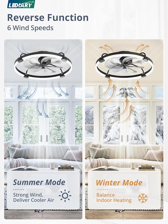 LEDIARY Ceiling Fans with Lights and Remote, 24'' Low Profile Ceiling Fan with Light, 3000-6000K Dimmable Fandelier LED Fan Light, 6 Wind Speeds, Black Modern Flush Mount Ceiling Fan for Bedroom