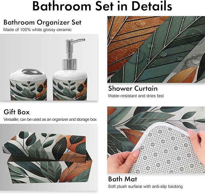 Ambesonne Boho Bathroom Decor Set 4 Pcs, Shower Curtain Bath Mat Soap Dispenser Toothbrush Holder in a Gift Box Essentials and Accessories, Mid Century Exotic Leaf, Orange Laurel Green Grey