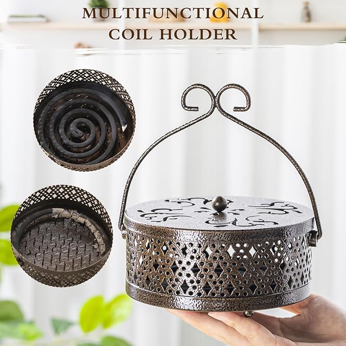 Lallisa Incense Coil Holder Sets, Round Metal Hanging Incense Burner with Handle and Lid, Portable Coil Burner Stand Container for Patio Camping Garden Home Indoor Outdoor Decor(Bronze Color,2 Pcs)
