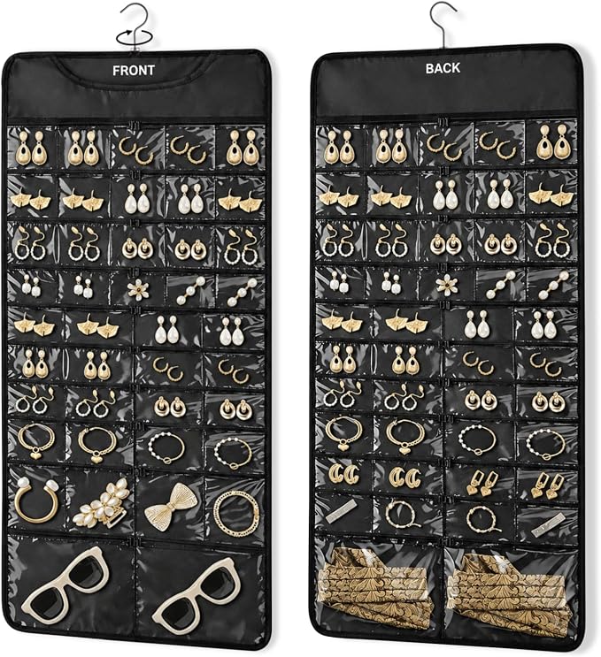FOREGOER Hanging Jewelry Organizer Storage Roll 88 Zippered Pockets,Dustproof Foldable for Travel,Double-Sided Accessories Organizer Holder for Earring Necklace Ring on Closet Wall Door(Black,1 Pack)