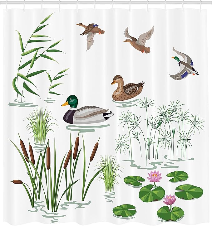 Ambesonne Rubber Duck Shower Curtain, Lake Animals and Plants Lily Flowers Reeds Cane in The Pond Nature Park, Cloth Fabric Bathroom Decor Set with Hooks, 69" W x 70" L, Green White