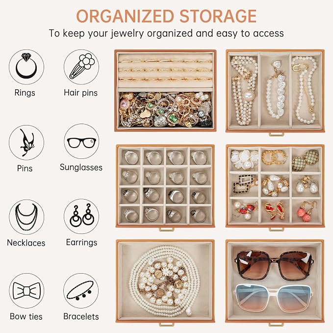 AKOZLIN 6-Tier Jewelry Box Organizer Functional 5 Drawers Leather Jewelry Storage Case for Women Girls Ring Necklace Earring Bracelet Holder Organizer with Mirror Medium Dark Orange