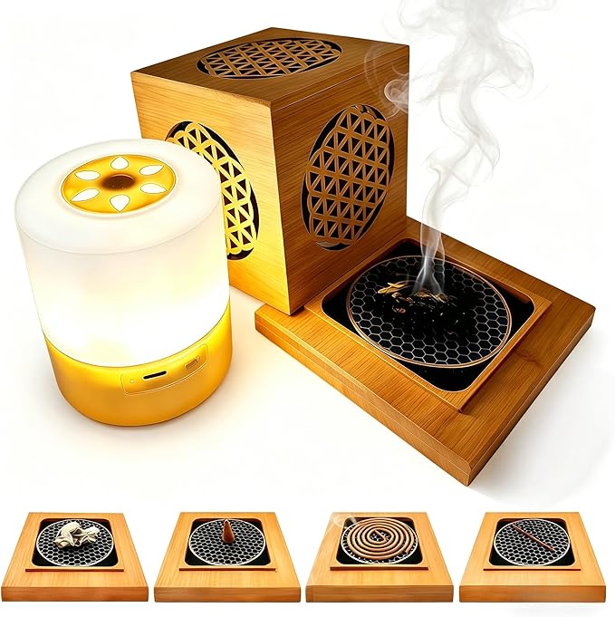 Bamboo Hollow-Out Incense Burner Holder,Type-C LED Ambient Night Light,Decorative Incense Holder Portable Camping Light,for Sticks Cones Coils Sage & Broken Incense,Zen Home Yoga（Life）