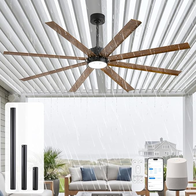 65 Inch Waterproof Outdoor Ceiling Fan with Light, All Weather Wet Rated 8 Aluminum Blades, 8421 CFM High Airflow Quiet DC Fan, Smart Alexa/App/Remote Control, for Patio Porch Gazebo, Modern Farmhouse