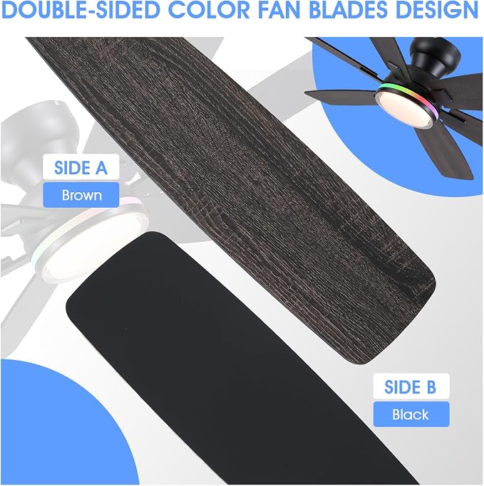 Kviflon 52" Ceiling Fans with RGB Lights, Low Profile Ceiling Fan with Remote/APP Control, Flush Mount, Double-Sided 6 Reversible Blades, RGB+3CCT Dimmable Lights, Double Lampshade for Bedroom, Black