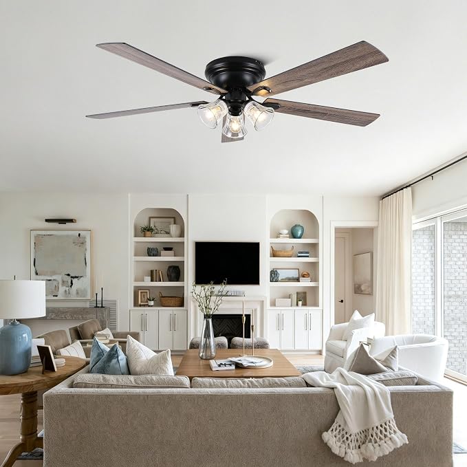 Dawn Whisper 60 Inch Farmhouse Flush Mount Ceiling Fans with 3 Lights Bulbs Base Vintage Low Profile Ceiling Fan for Living Room Bedroom