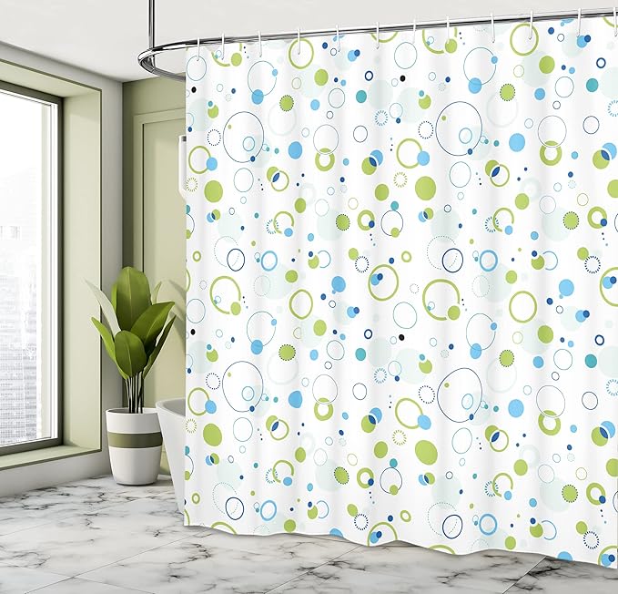 Ambesonne Abstract Shower Curtain, Blue and Green Bubble Like Circle and Dots Pattern Design Print, Cloth Fabric Bathroom Decor Set with Hooks, 69" W x 75" L, Pale Green Pale Blue